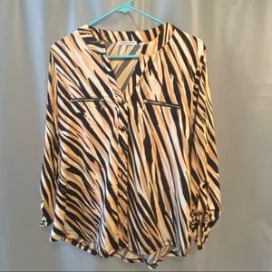 Notations Zebra Print Tan Blouse with Zipper Pockets